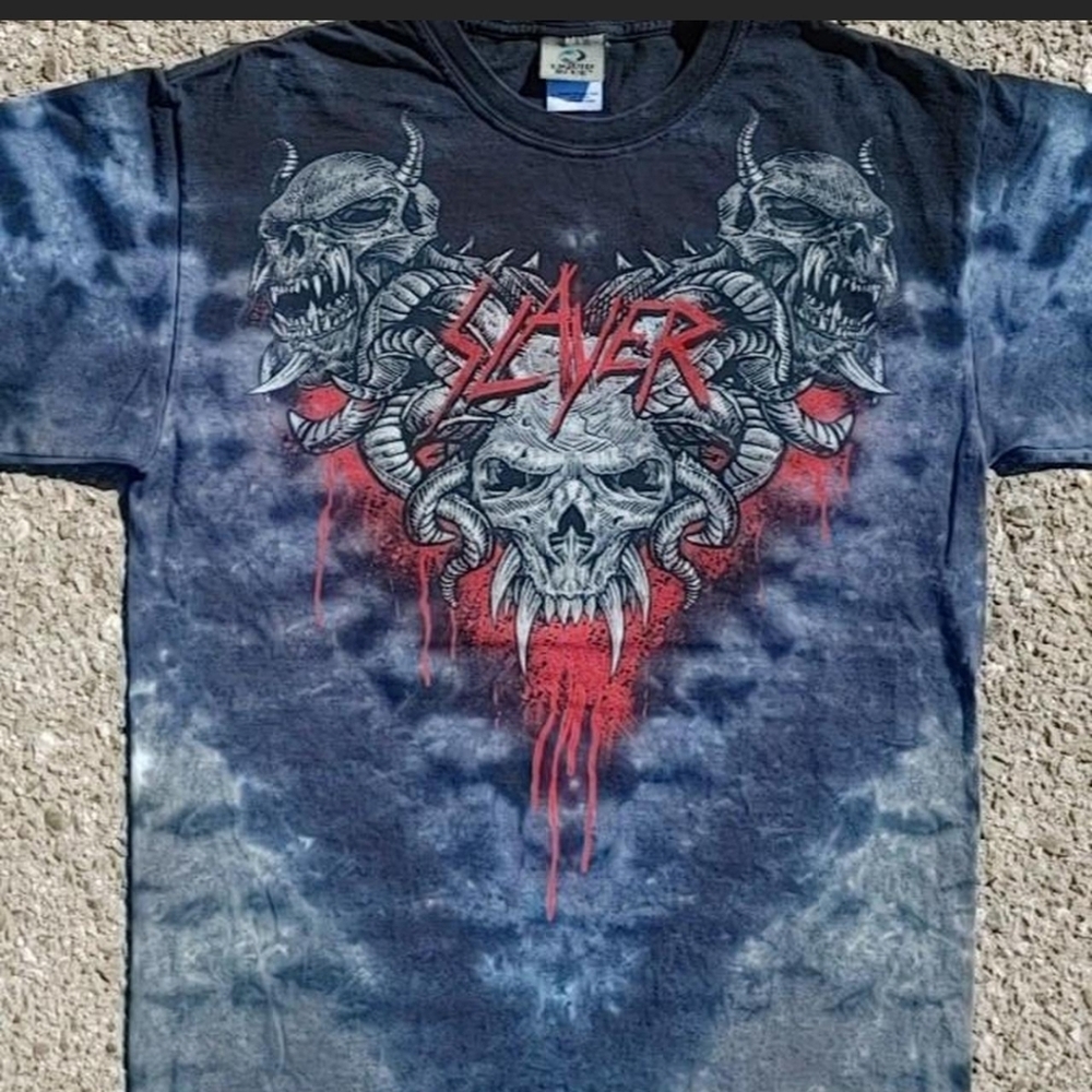 Vtg 2010 Slayer 3 Skulls Tie Dye Liquid Blue T-Shirt Large Metal Band Tee - Picture 2 of 6